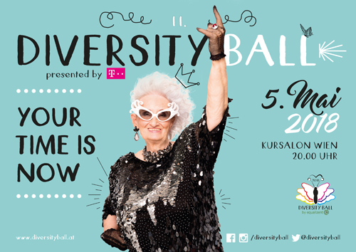 Sujet Diversity Ball 2018: Ältere Dame im Rockeroutfit und Eckdaten der Veranstaltung
