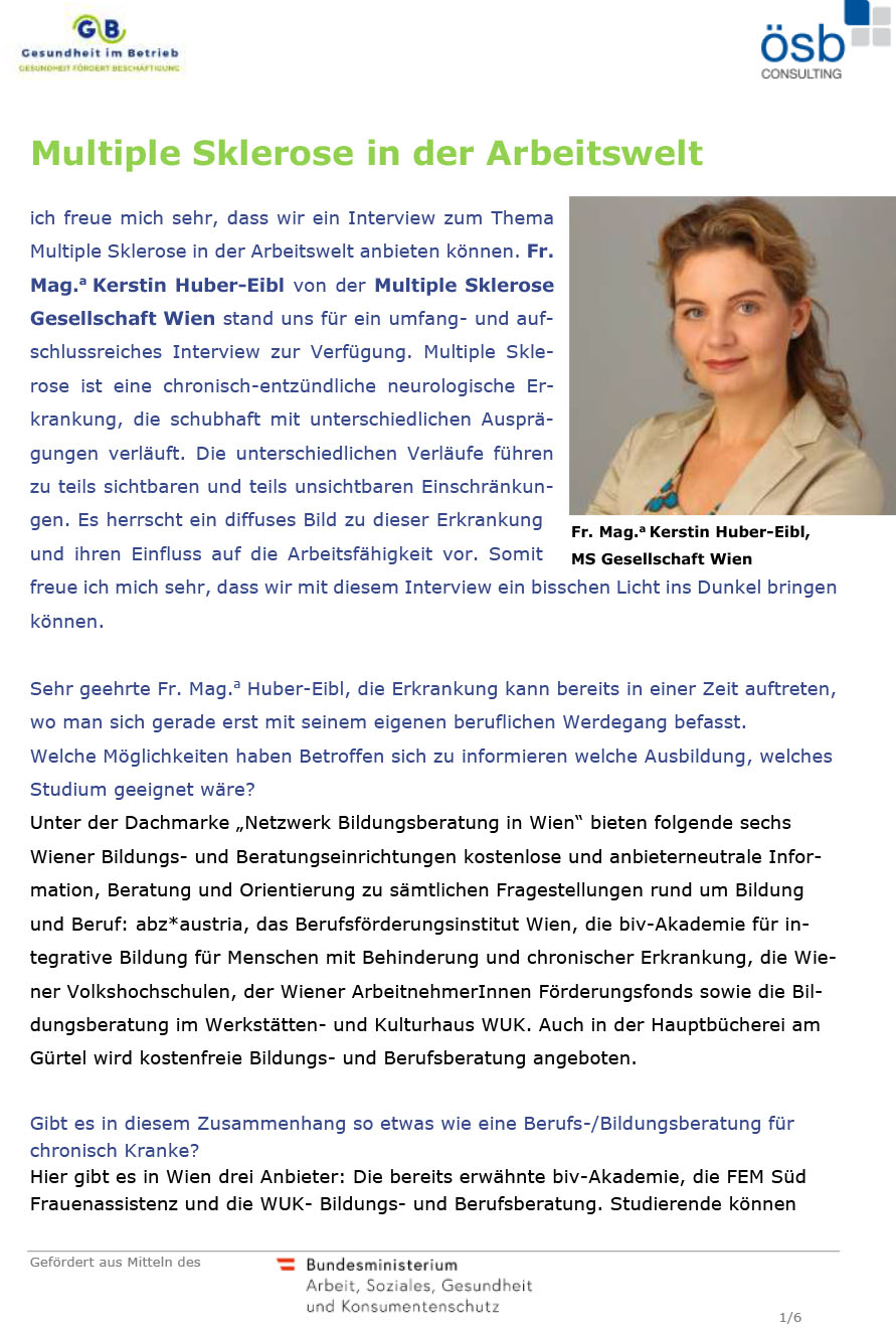 Multiple Sklerose in der Arbeitswelt: Interview mit Mag. Kerstin Huber-Eibl, MS-Gesellschaft Wien