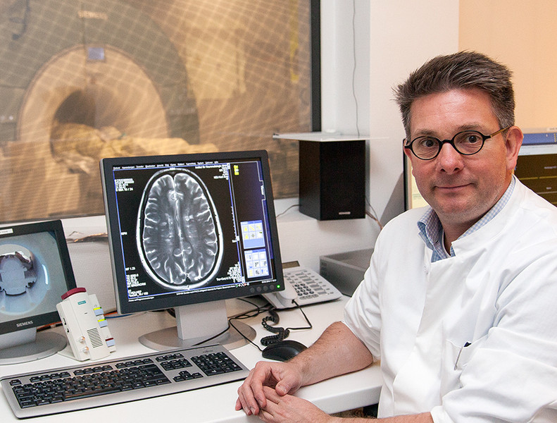 Privatdozent Dr. Mike Peter Wattjes bei der Auswertung einer Magnetresonanztomograf-Abbildung eines Gehirns. Credit: MH-Hannover