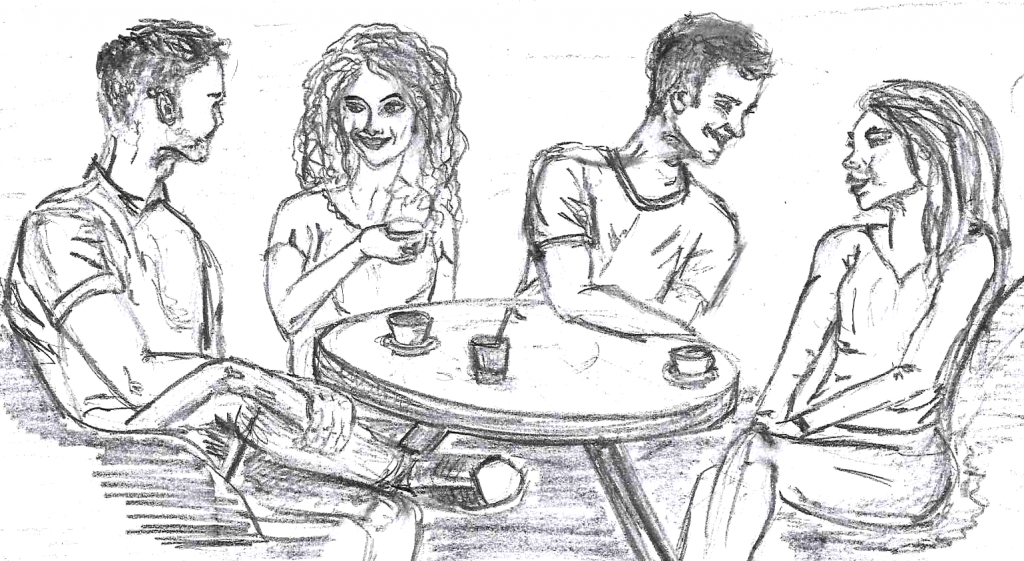 Bleistiftzeichnung "Young People with MS", zwei junge Frauen und zwei junge Männer unterhalten sich an einem Tisch sitzend, Copyright: Mag. (FH) Gabriele Gruber
