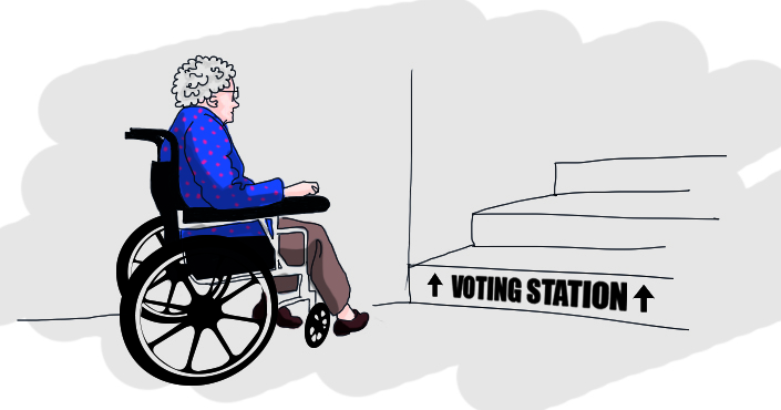 alte Rollstuhlnutzerin möchte ein Wahllokal erreichen, steht aber vor einer unüberwindbaren Treppe, Credit: EDF