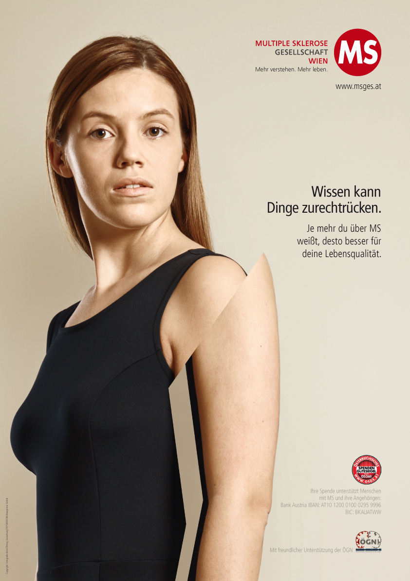 Plakatkampagne der MS-Gesellschaft Wien: Wissen kann Dinge zurechtrücken. Je mehr du über MS weißt, desto besser für deine Lebensqualität.