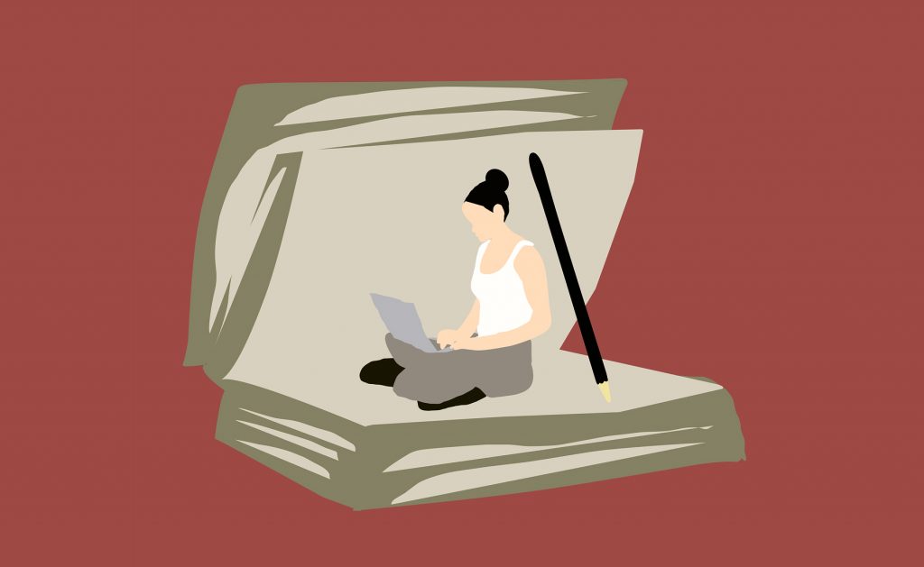 Illustration: Frau sitzt in einem aufgeklappten Buch und liest, Credit: Mohamed Hassan, Pixabay
