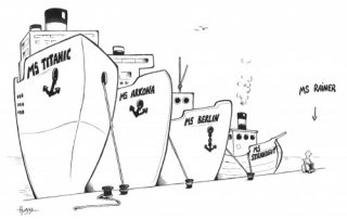 Bild mit vier Schiffen: MS Titanic, MS Arkona, MS Berlin und MS Strandgut. Davor am Hafen ein mann im Rollstuhl. Pfeil mit Schriftzug "MS Rainer", Credit: Phil Hubbe