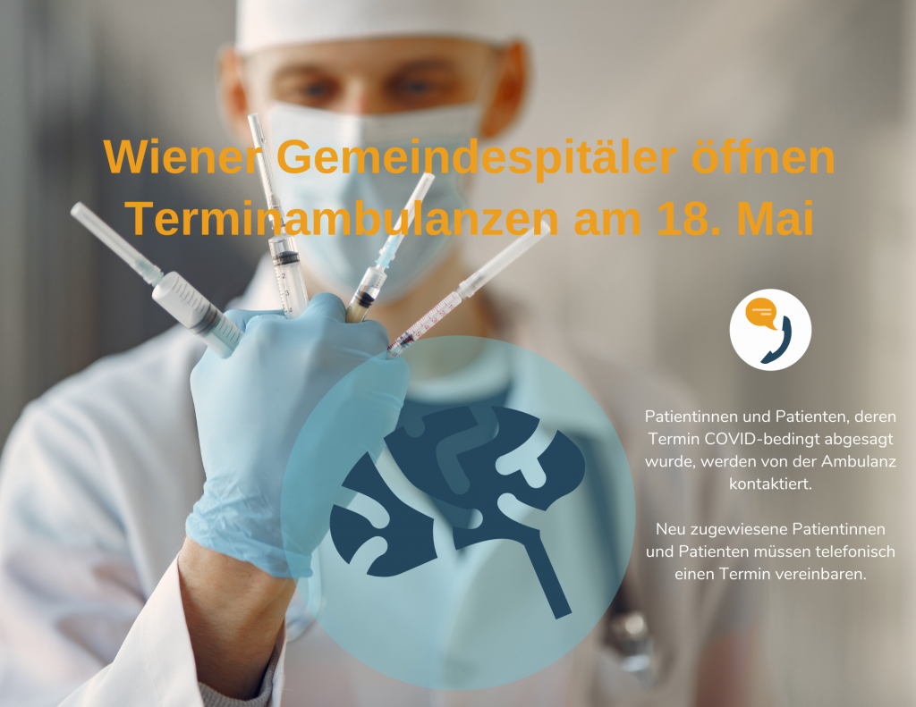 Nahaufnahme Arzt hält Spritzen ind er Hand, Text: Wiener Gemeindespitäler öffnen Terminambulanzen am 18. Mai