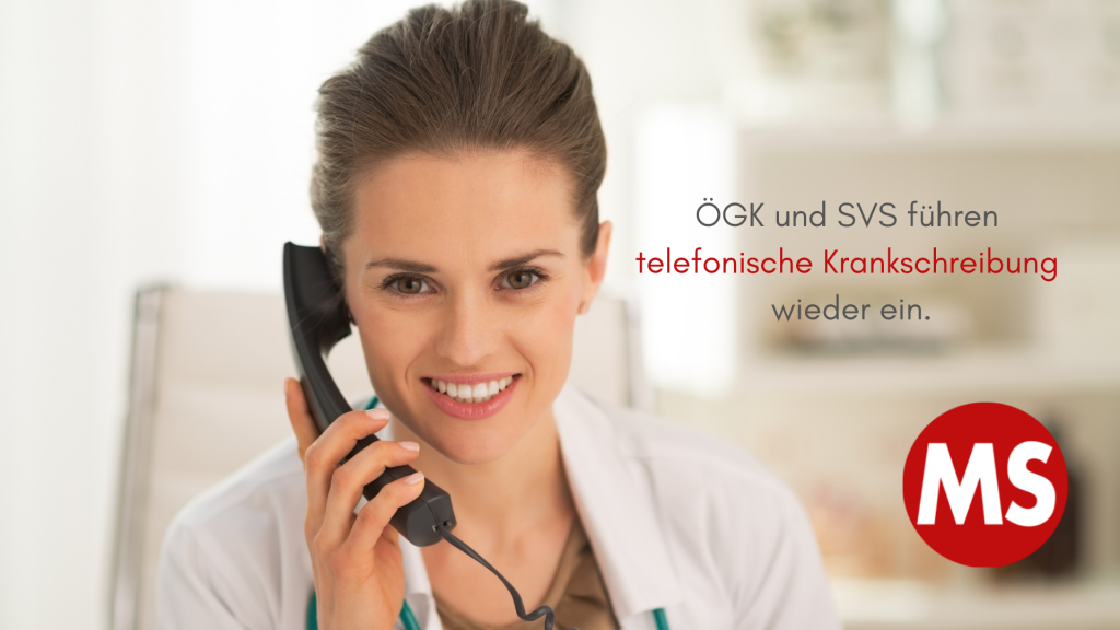 Foto: Ärztin telefoniert. Text: ÖGK und SVS führen telefonische Krankschreibung wieder ein. Credit: Canva