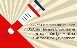 Illustration: Spritze, Text: B-Zell-Hemmer Ofatumumab in USA zur Therapie Erwachsener mit schubförmiger Multipler Sklerose (RMS) zugelassen, Credit: Canva