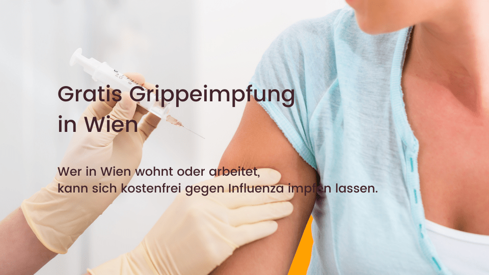 Foto: Frau erhält Impfung in Oberarm, Text: Gratis Grippeimpfung in Wien. Credit: Canva