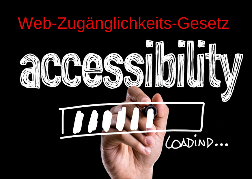 schwarzes Rechteck, Bild mit Hand, die einen Ladebalken unter dem Schriftzug "Accessibility" zeigt. Text: Web-Zugänglichkeits-Gesetz, Credit: Canva