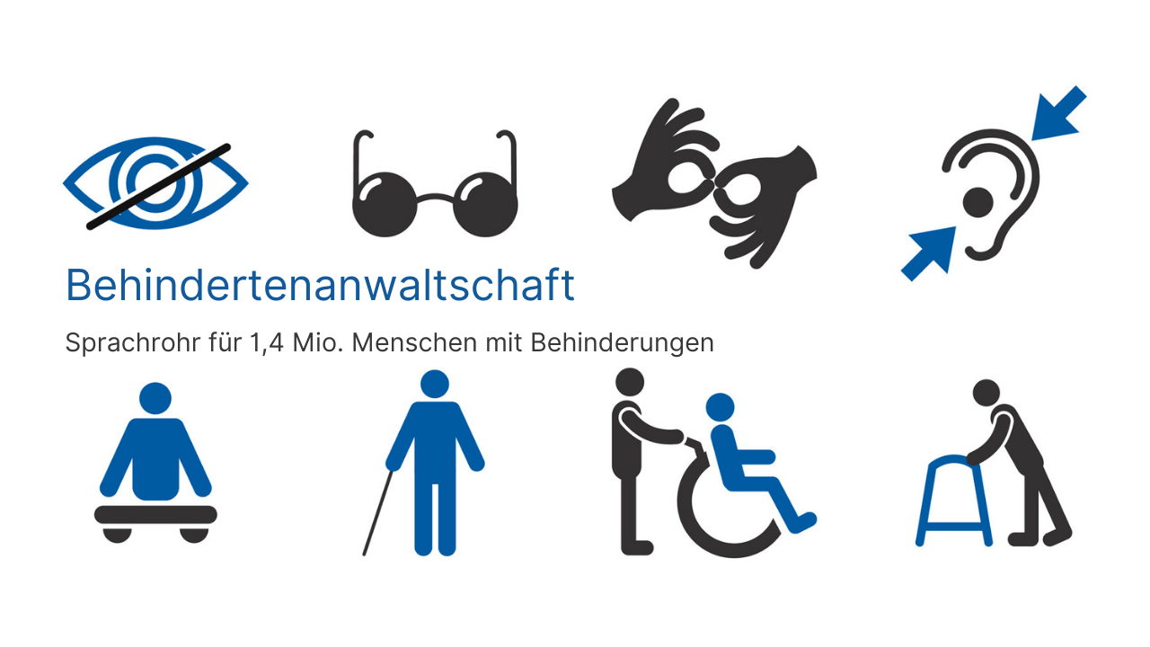 Symbolbilder unterschiedlicher Behidnerungen, Text: Behindertenanwaltschaft Sprachrohr für 1,4 Mio. Menschen mit Behinderungen, Credit: Canva
