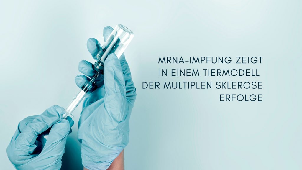 Impfung wird vor blauem Hintergrund aufgezogen. Text: mRNA-Impfung zeigt in einem Tiermodell der Multiplen Sklerose Erfolge. Credit: Canva