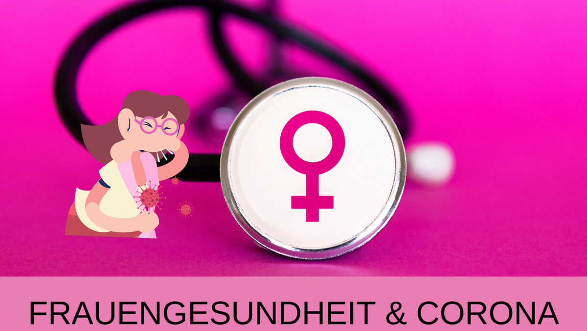rosa-lila Hintergrund mit Stethoskop und female-Zeichen, Text: Frauengesundheit & Corona, Credit: Canva