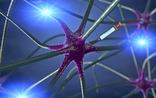 3D-Illustration von Nervenzellen, darüber eine Spritze, Credit: Canva