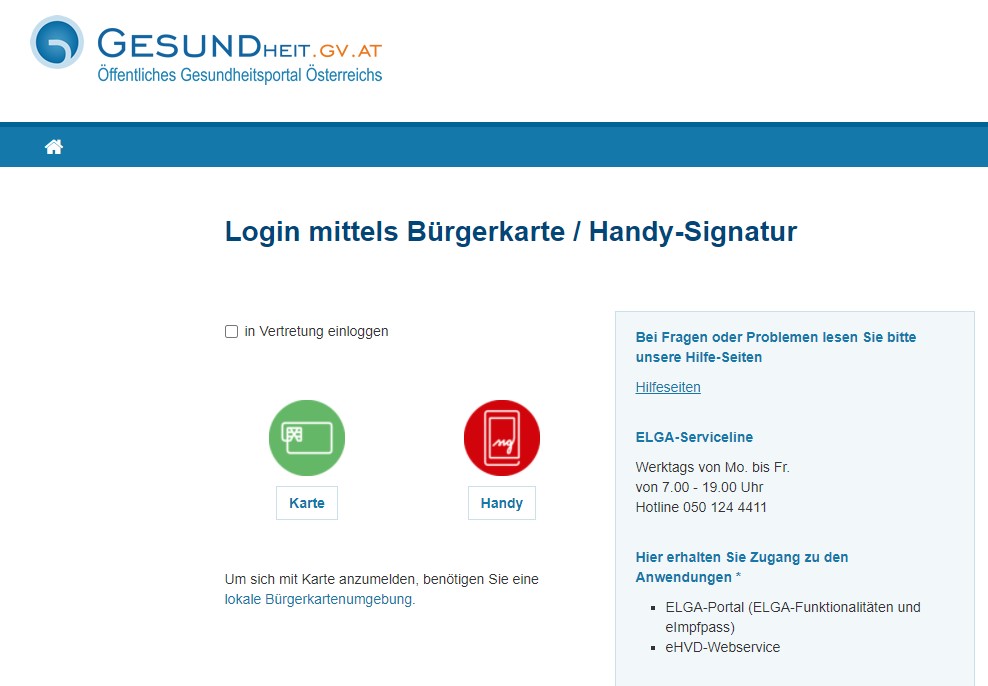 Screenshot Gesundheit.gv.at: Login mittels Bürgerkarte / Handy-Signatur